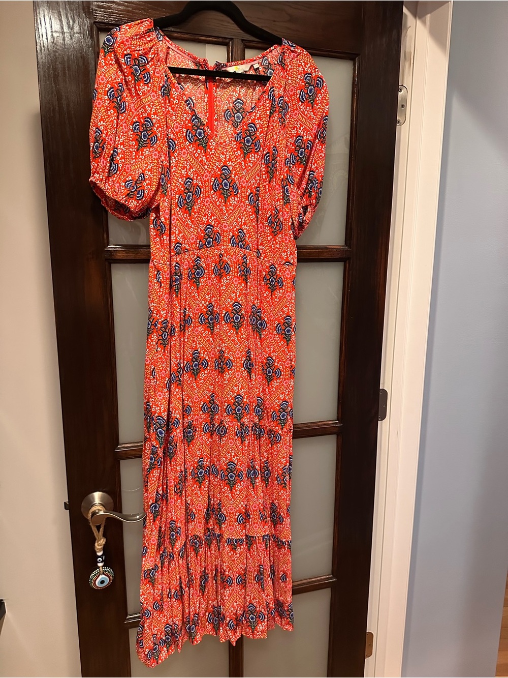 Vibrant Orange Floral Maxi Dress with Puff Sleeves